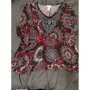 Dressbarn Woman Top 16/18 Red Black Paisley Embellished‎ Long Sleeve Blouse